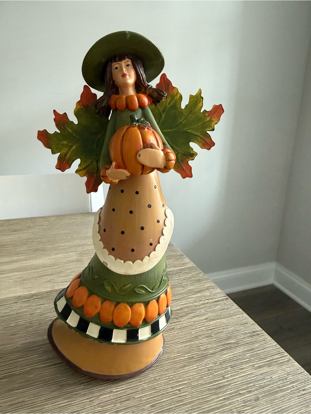 Vintage Fall Harvest Girl Figurine with Pumpkin & Autumn Leaves 11”